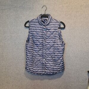 New Direction Quilted Striped Navy/White Puffer Vest Zip/Snap WIth Front Pockets